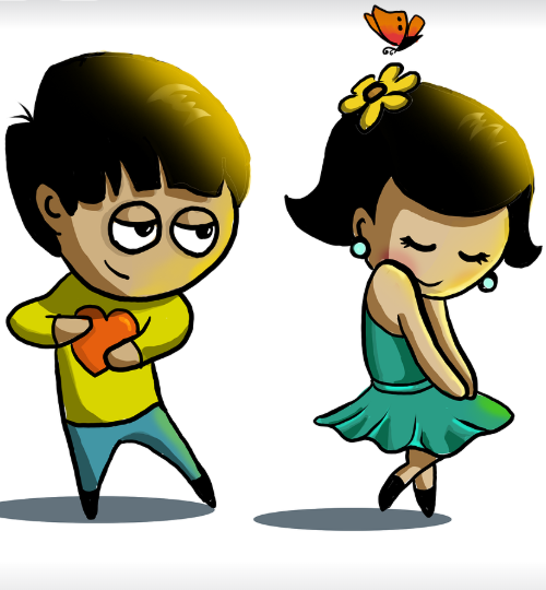 dessin d'un homme qui donne son cœur à une femme qui est toute touchée par ce geste